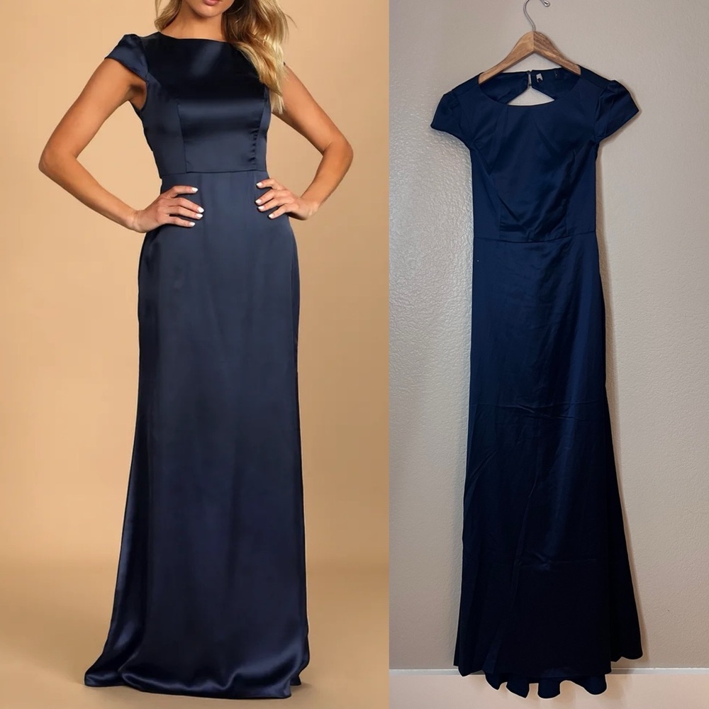 NWOT Celebration of Romance Navy Blue Satin Tie-Back Maxi Dress